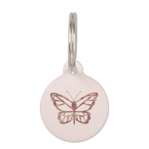 Faux Rose Gold Foil Look-like Butterfly On Pink Pet Tag