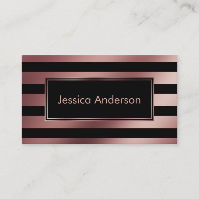 Faux Rose Gold Foil Metallic Stripes and Black Business Card (Front)