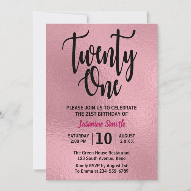 Faux Rose Gold Foil Modern 21st Birthday Invitation (Front)
