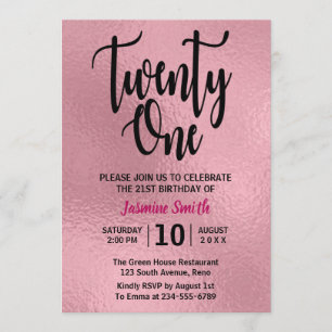Faux Rose Gold Foil Modern 21st Birthday Invitation