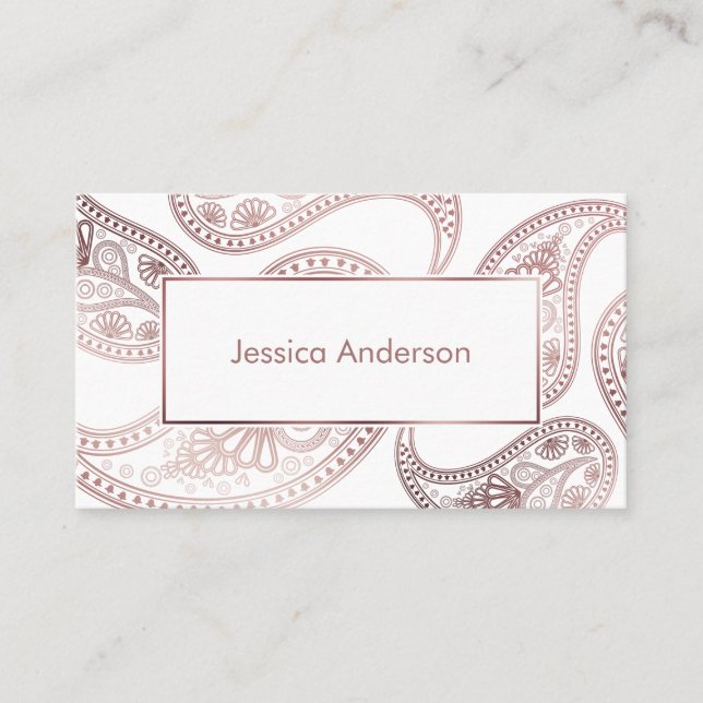 Faux Rose Gold Foil Paisley Patterns on White Business Card (Front)
