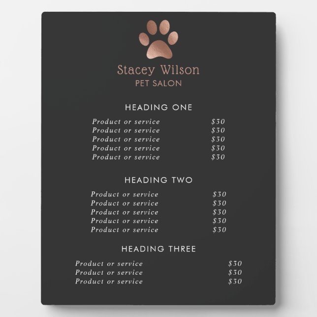Faux Rose Gold Foil Paw Print Logo And Charcoal Plaque (Front)