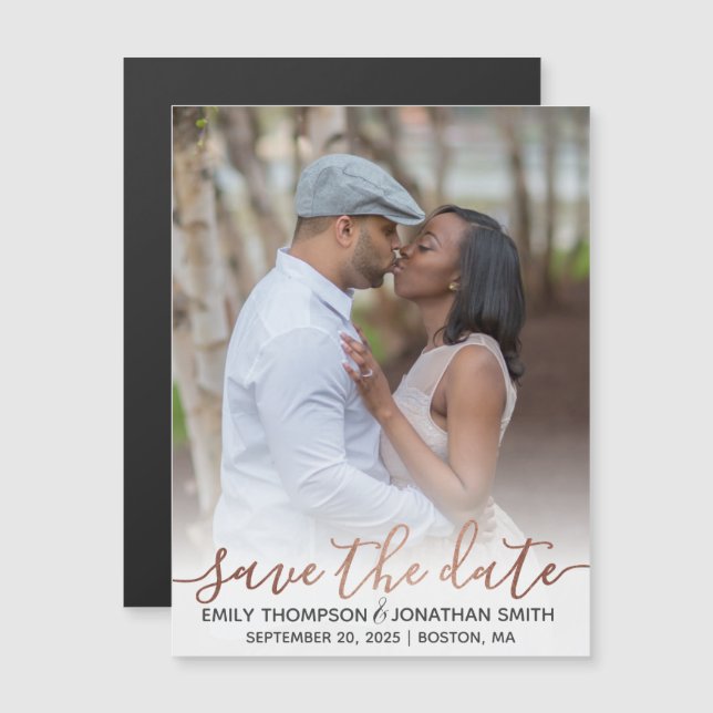 Faux Rose Gold Foil Photo Save The Date Magnets (Front/Back)