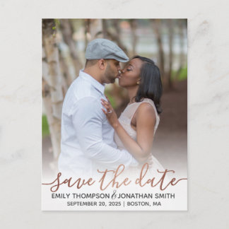Faux Rose Gold Foil Photo Save The Date Postcard