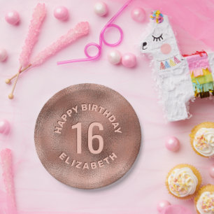 Faux Rose Gold Foil Texture Happy Birthday & Age Paper Plate