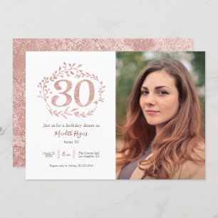 Faux Rose Gold Foliage Wreath 30th Birthday Invitation