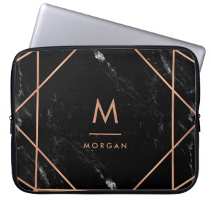 Faux Rose Gold Geometric   Black Marble Look Laptop Sleeve