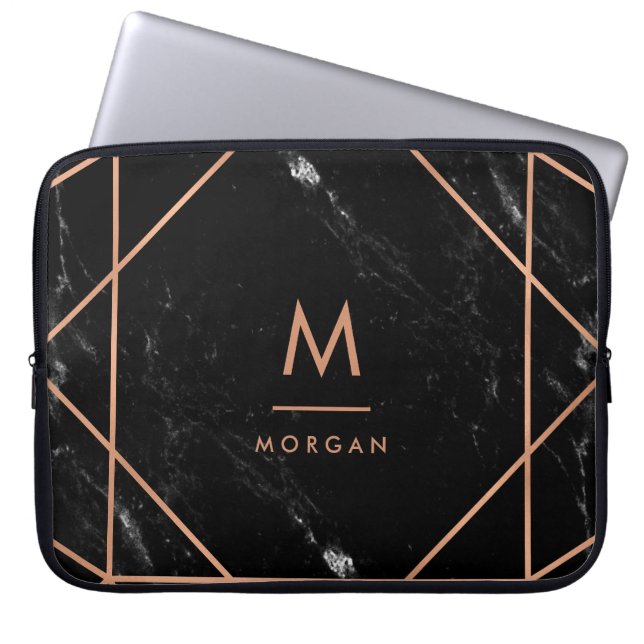 Faux Rose Gold Geometric | Black Marble Look Laptop Sleeve (Front)
