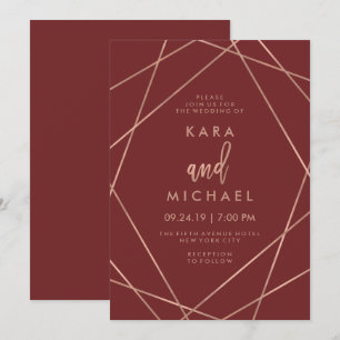 Faux Rose Gold Geometric   Burgundy Wedding Invitation
