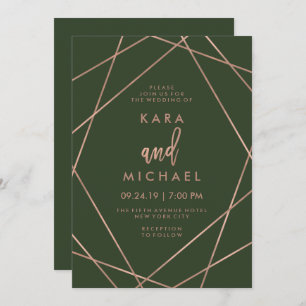 Faux Rose Gold Geometric   Deep Green Wedding Invitation