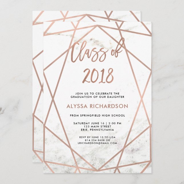 Faux Rose Gold Geometric | Marble Graduation Party Invitation (Front/Back)