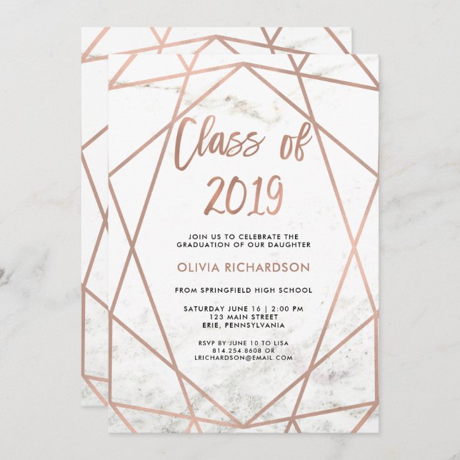 Faux Rose Gold Geometric | Marble Graduation Party Invitation (Front/Back)