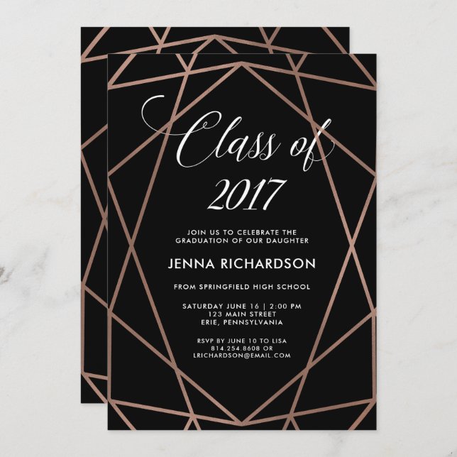 Faux Rose Gold Geometric on Black Graduation Party Invitation (Front/Back)