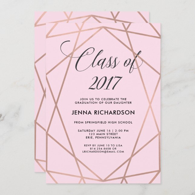 Faux Rose Gold Geometric on Blush Pink Graduation Invitation (Front/Back)
