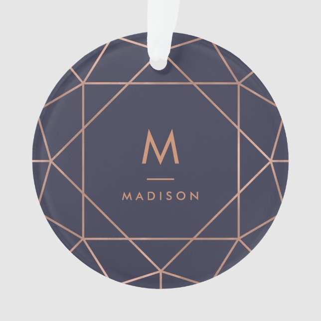 Faux Rose Gold Geometric on Midnight Blue Ornament (Front)