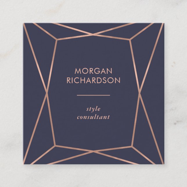 Faux Rose Gold Geometric on Midnight Blue Square Business Card (Front)