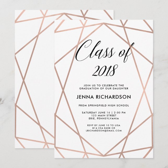 Faux Rose Gold Geometric on White Graduation Party Invitation (Front/Back)