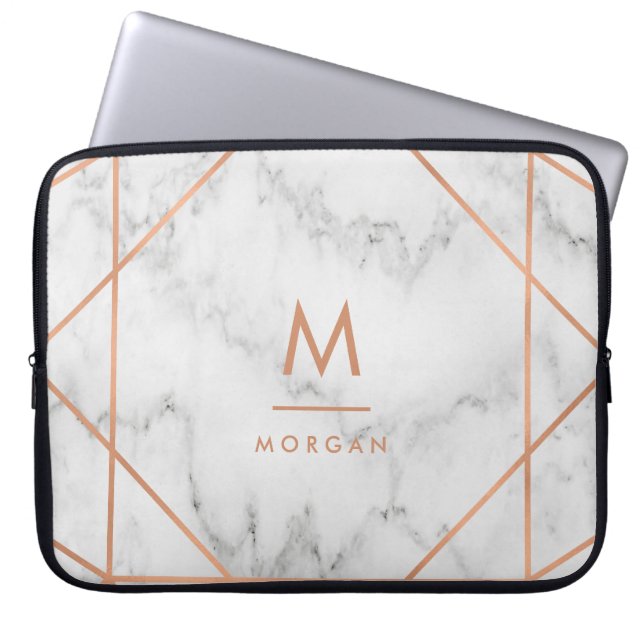 Faux Rose Gold Geometric | White Marble Look Laptop Sleeve (Front)