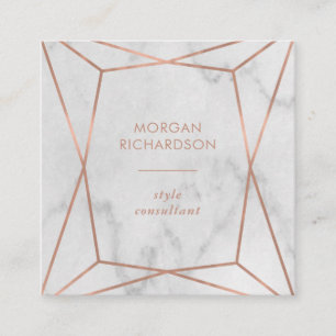 Faux Rose Gold Geometric   White Marble Look Square Business Card