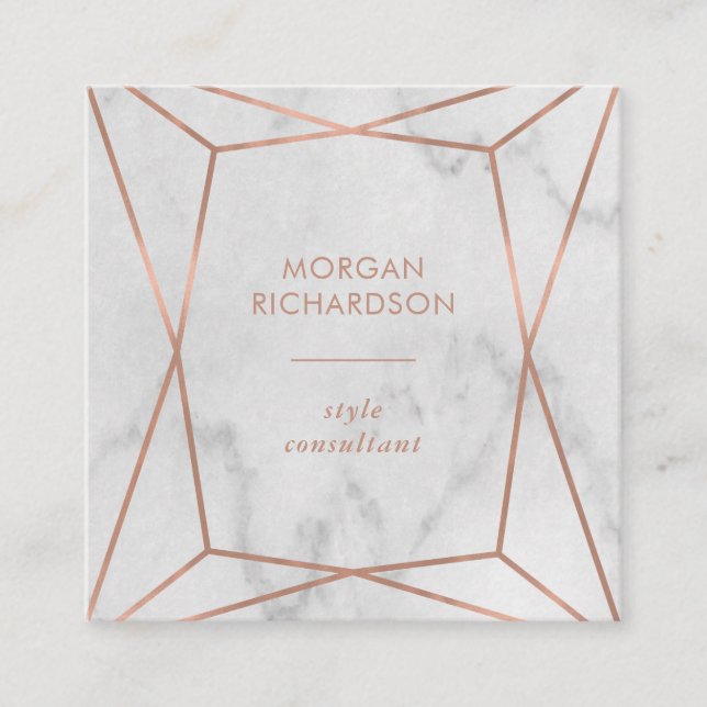 Faux Rose Gold Geometric | White Marble Look Square Business Card (Front)