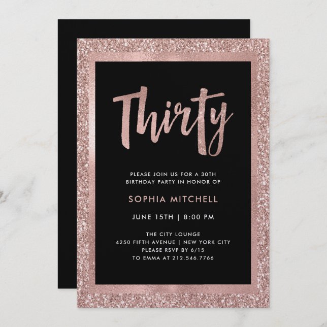 Faux Rose Gold Glitter |  30th Birthday Party Invitation (Front/Back)