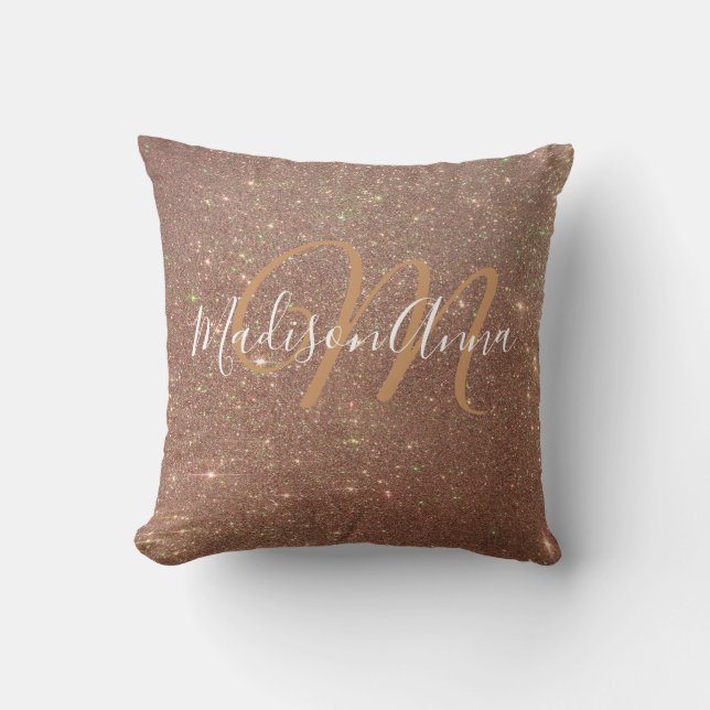 Faux Rose Gold Glitter 3 w/ Monogram & Name Cushion (Front)