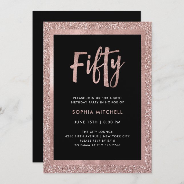 Faux Rose Gold Glitter |  50th Birthday Party Invitation (Front/Back)