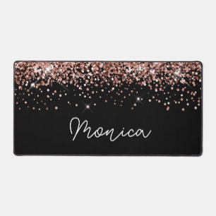 Faux Rose Gold Glitter and Black Desk Mat