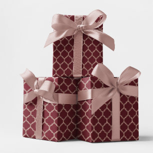 Faux Rose Gold Glitter and Burgundy Quatrefoil Wrapping Paper