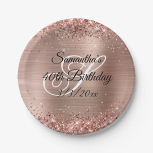 Faux Rose Gold Glitter and Foil 40th Birthday Paper Plate