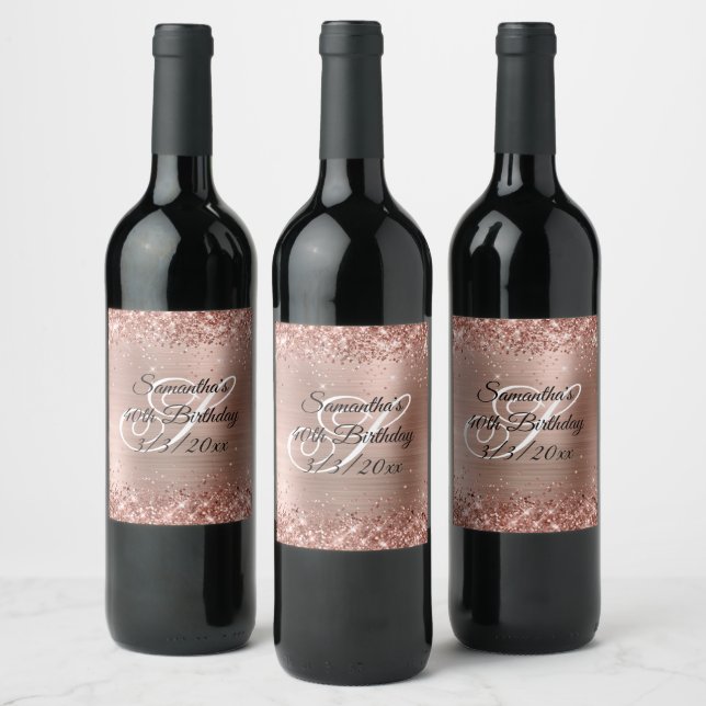 Faux Rose Gold Glitter and Foil 40th Birthday Wine Label (Bottles)