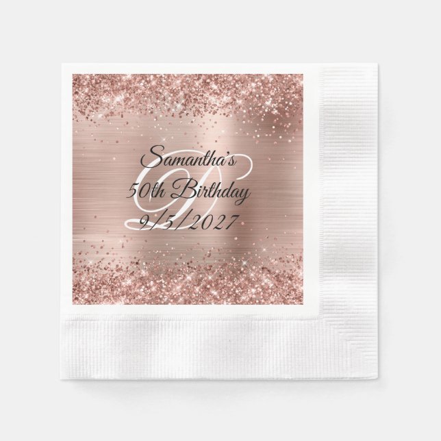Faux Rose Gold Glitter and Foil 50th Birthday Napkin (Front)
