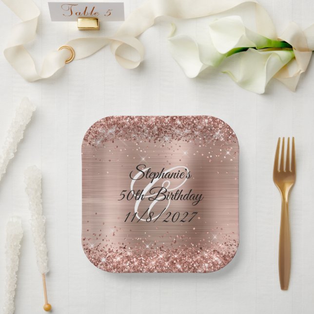 Faux Rose Gold Glitter and Foil 50th Birthday Paper Plate (Wedding)