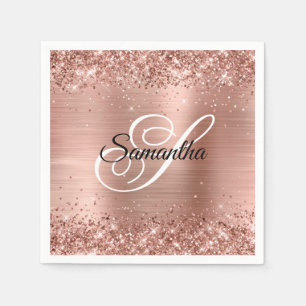 Faux Rose Gold Glitter and Foil Fancy Monogram Napkin