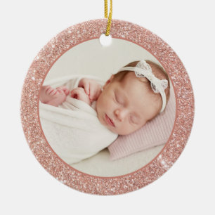 Faux Rose Gold Glitter Baby First Christmas Photo Ceramic Ornament