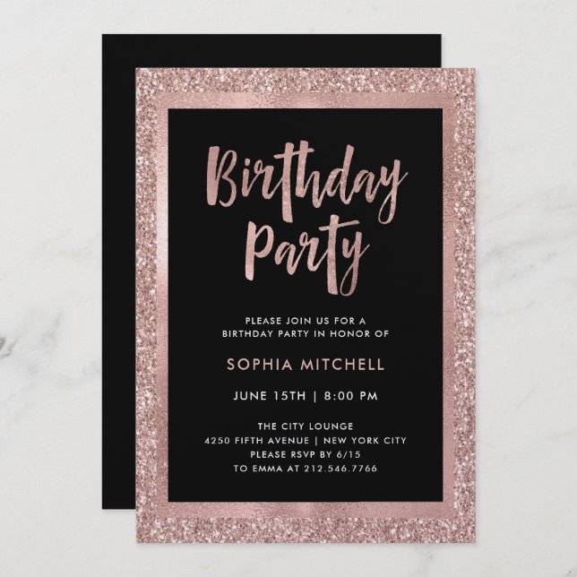 Faux Rose Gold Glitter | Birthday Party Invitation (Front/Back)