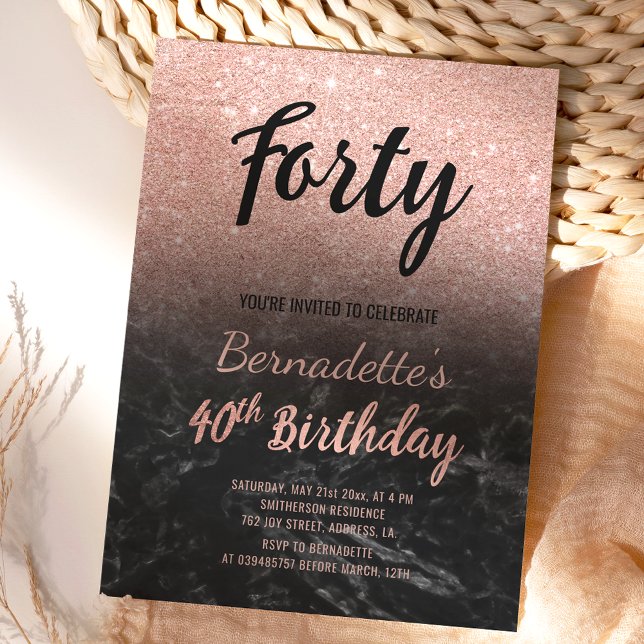 Faux rose gold glitter black marble 40th Birthday Invitation (Creator Uploaded)