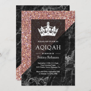 Faux Rose Gold Glitter Black Marble Aqiqah Invitation