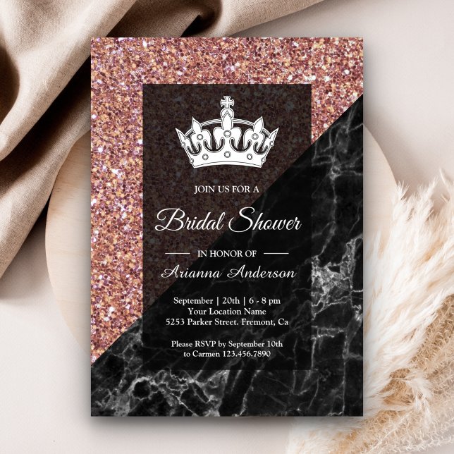 Faux Rose Gold Glitter Black Marble Bridal Shower Invitation (Creator Uploaded)
