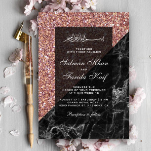 Faux Rose Gold Glitter Black Marble Muslim Wedding Invitation