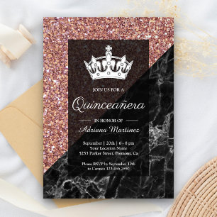 Faux Rose Gold Glitter Black Marble Quinceanera Invitation