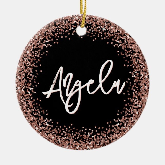 Faux Rose Gold Glitter Black Photo Ceramic Ornament (Front)