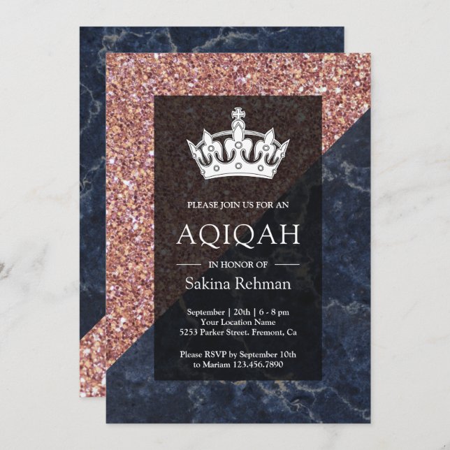 Faux Rose Gold Glitter Blue Marble Aqiqah Invitation (Front/Back)