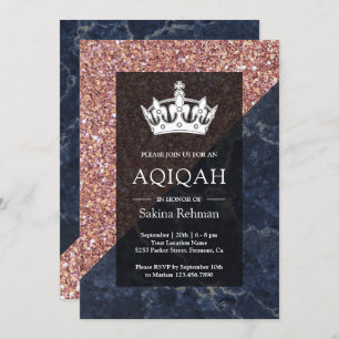 Faux Rose Gold Glitter Blue Marble Aqiqah Invitation