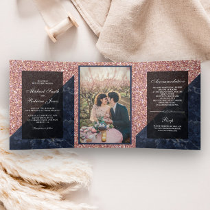 Faux Rose Gold Glitter Blue Marble Wedding Photo Tri-Fold Invitation