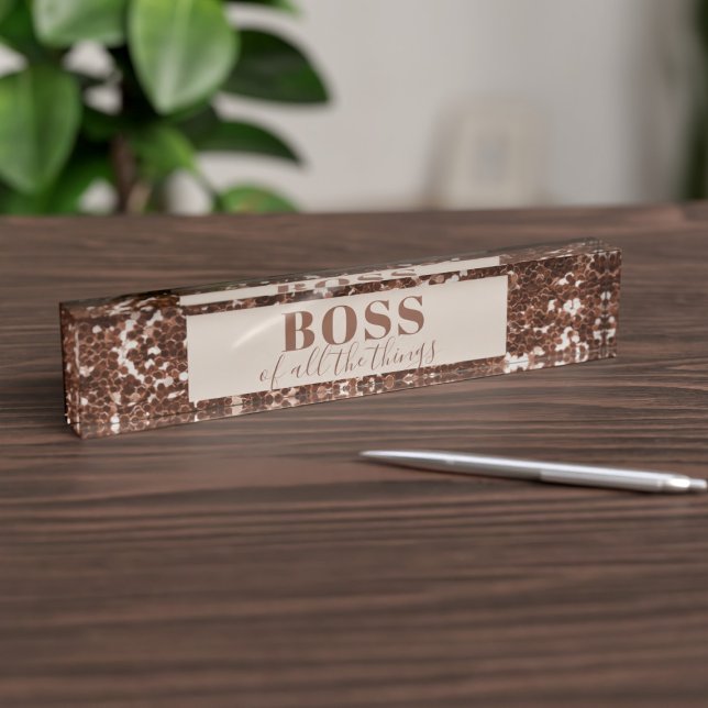 Faux Rose Gold Glitter Boss Block Desk Name Plate (You are the Boss of all the things. Put this on your desk to tell the world)