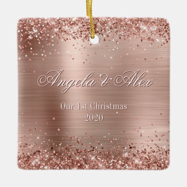 Faux Rose Gold Glitter Brushed Metal Foil Photo Ceramic Ornament (Front)