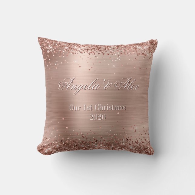 Faux Rose Gold Glitter Brushed Metal Foil Photo Cushion (Front)