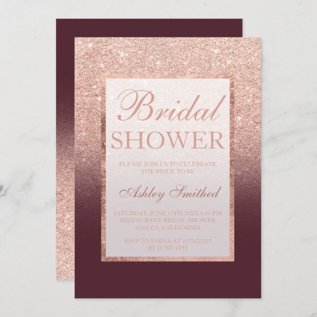 Faux rose gold glitter burgundy chic Bridal shower Invitation (Front/Back)