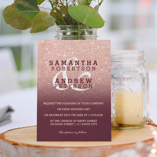 Faux Rose gold glitter burgundy ombre wedding Invitation (Creator Uploaded)